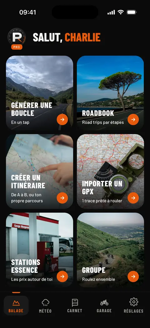Accueil de RideKit : générer une boucle, Roadbook, créer un itinéraire, importer un GPX, stations essence et groupe