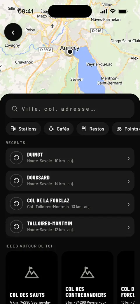 Aller quelque part : recherche, puces Stations, Cafés, Restos et Points de vue, lieux récents et cols autour de soi
