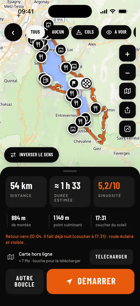 Aperçu d'une boucle de 54 km autour du lac d'Annecy par le col de la Forclaz : durée 1 h 33, sinuosité 5,2 sur 10, 884 m de montée