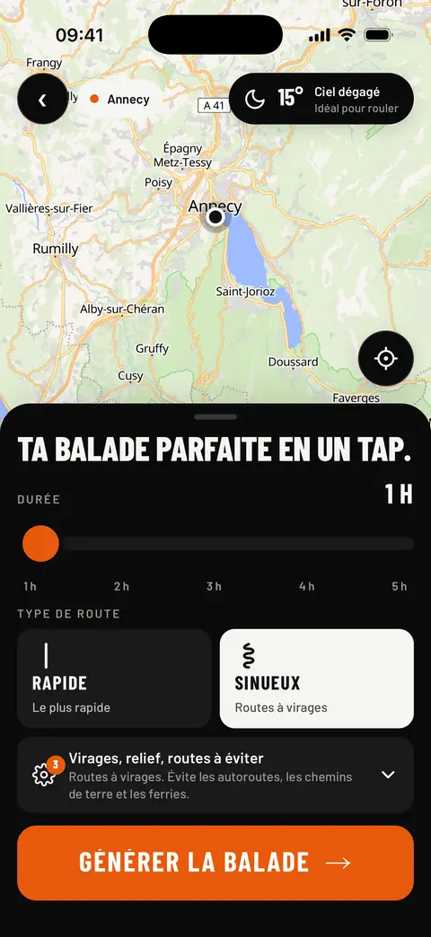 Écran « Ta balade parfaite en un tap » : carte autour d'Annecy, durée 1 h, routes rapides ou sinueuses, bouton Générer la balade