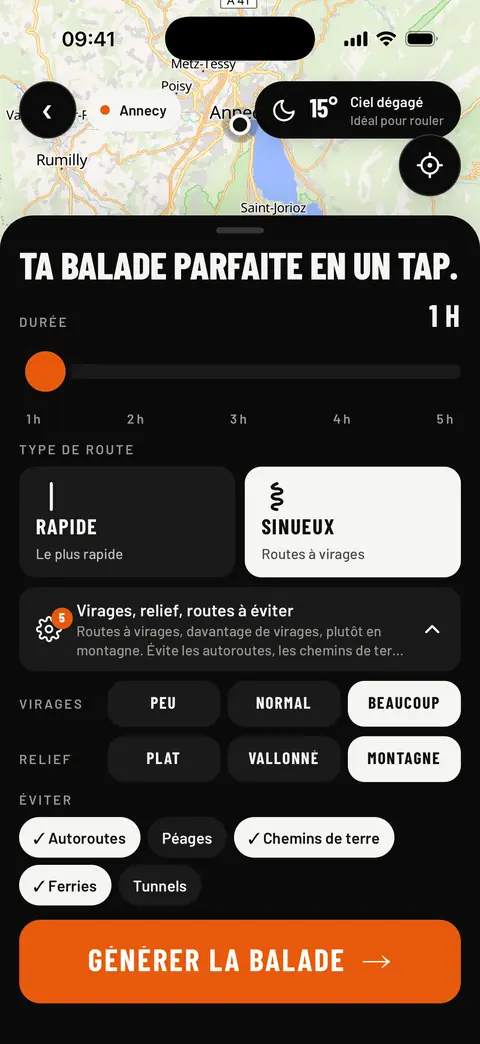 Réglages avancés de la boucle : beaucoup de virages, relief montagne, autoroutes, péages et chemins de terre évités