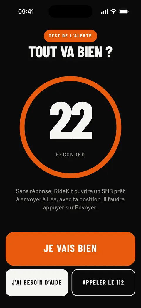 Alerte de chute : décompte de 22 secondes avant l'alerte, boutons Je vais bien, J'ai besoin d'aide et Appeler le 112