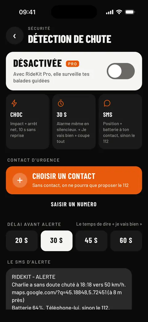 Écran Détection de chute sans abonnement : désactivée, réservée à RideKit Pro, avec le choc, le délai et le SMS expliqués