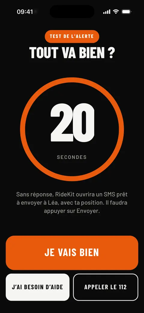 Test de l'alerte de chute : « Tout va bien ? », décompte de 20 secondes, boutons Je vais bien, J'ai besoin d'aide et Appeler le 112