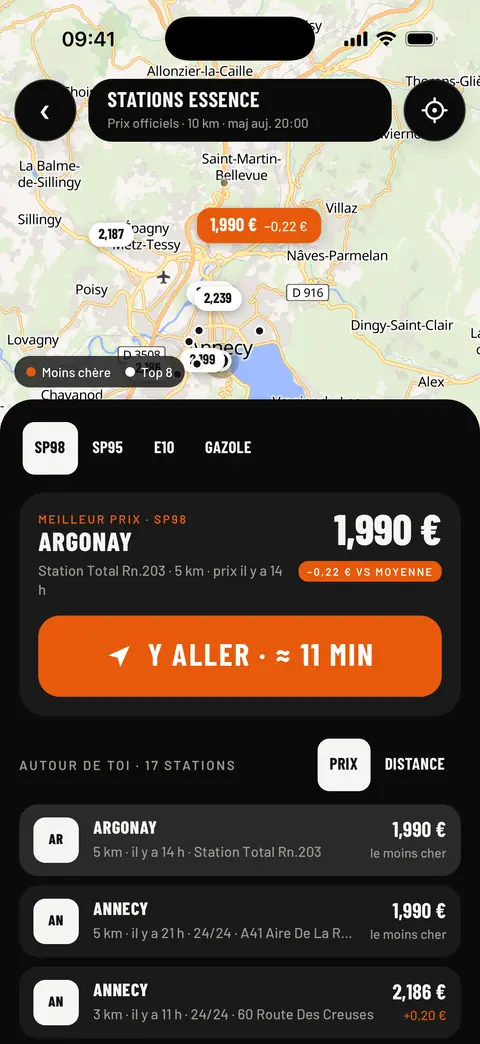 Stations essence : carte des prix officiels, meilleur prix SP98 à 1,990 € à Argonay, 0,22 € sous la moyenne, bouton Y aller