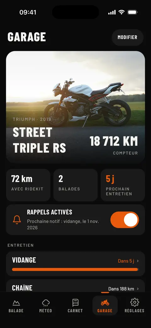 Garage : la moto, son kilométrage, les kilomètres faits avec RideKit et le prochain entretien