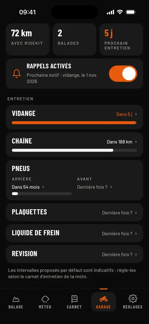 Entretien : vidange dans 5 jours, chaîne dans 188 km, pneus, rappels activés