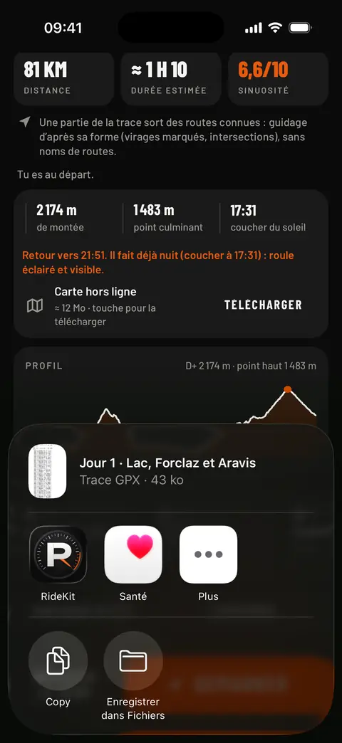 Export d'une trace en GPX par la feuille de partage d'iOS