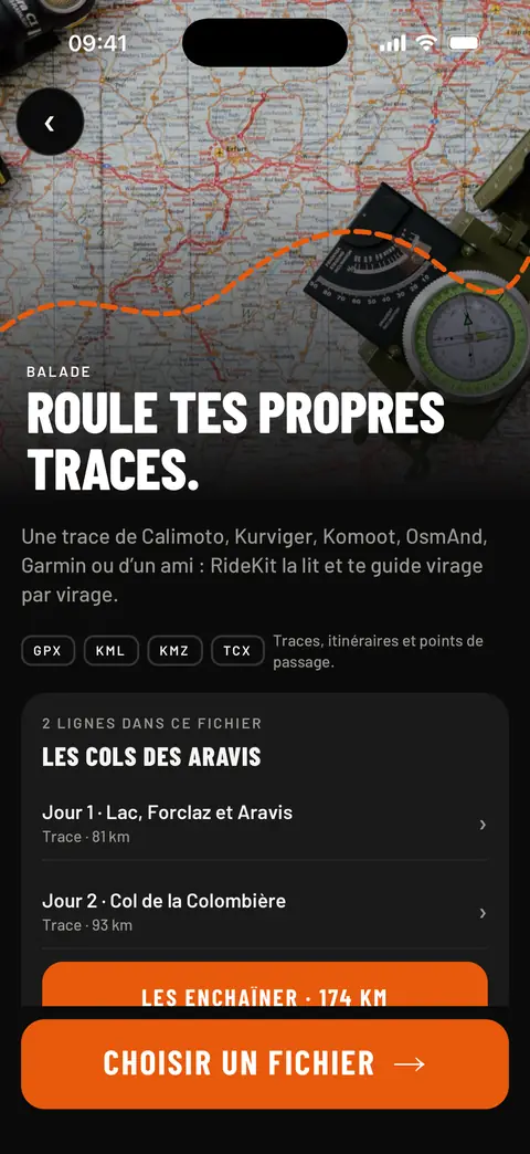 Importer un GPX : « Roule tes propres traces », un fichier avec deux traces à enchaîner