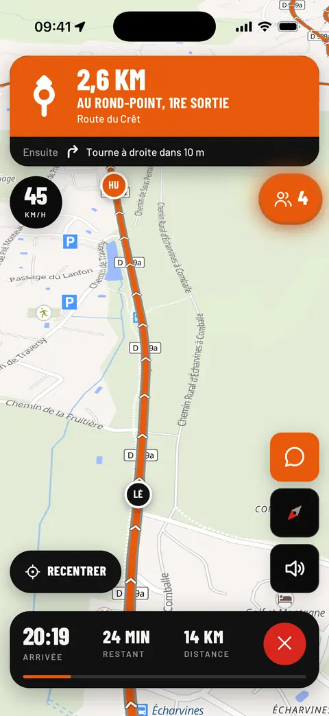 Carte de la balade du groupe : le leader en orange et les autres motards sur la route