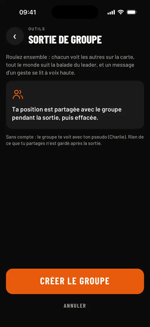 Avant de créer un groupe : « Ta position est partagée avec le groupe pendant la sortie, puis effacée »