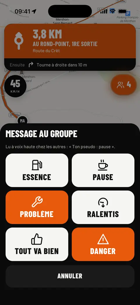 Feuille « Message au groupe » : Essence, Pause, Problème, Ralentis, Tout va bien, Danger