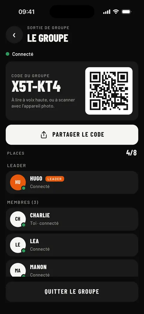 Salon du groupe : code X5T-KT4, QR code, places 4 sur 8, le leader et les membres connectés
