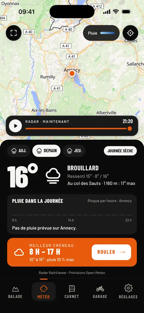 Météo moto : radar de pluie, 16° demain, journée sèche et meilleur créneau de 8 h à 17 h