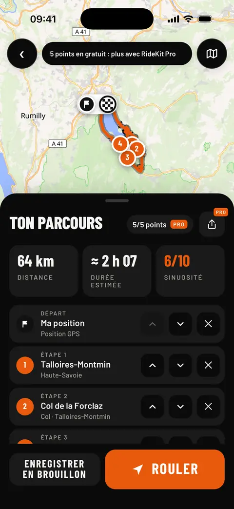 Créer le parcours : une boucle de 64 km par Talloires et le col de la Forclaz, 5 points, sinuosité 6 sur 10
