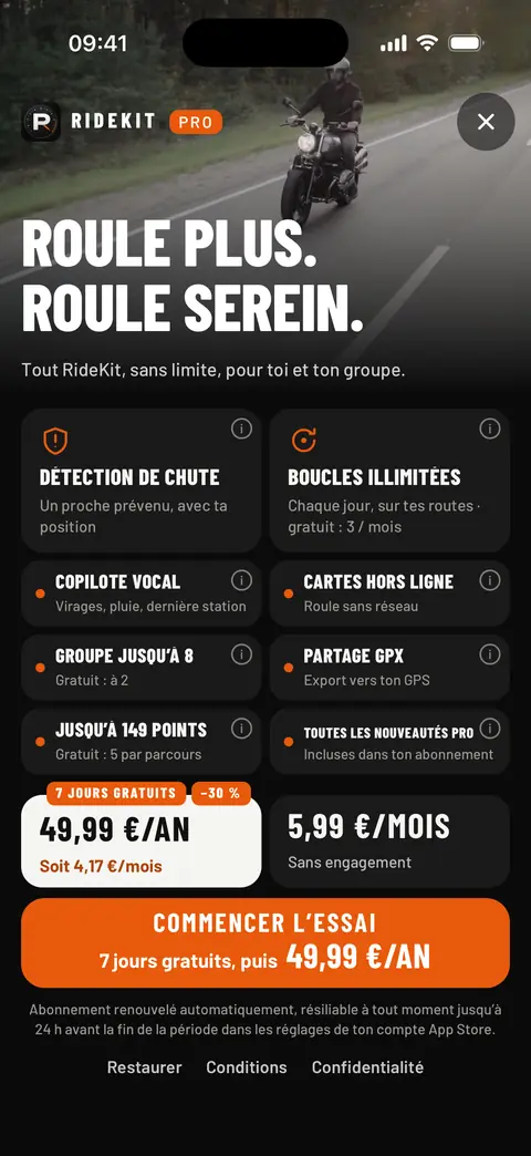 Écran RideKit Pro : 49,99 € par an avec 7 jours gratuits, ou 5,99 € par mois