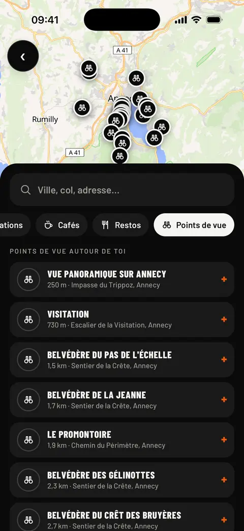 Puce Points de vue : les belvédères autour d'Annecy sur la carte et en liste, avec leur distance