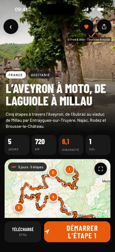 Road trip « L'Aveyron à moto, de Laguiole à Millau » : 5 jours, 720 km, sinuosité 6,1, carte des étapes et bouton Démarrer l'étape 1