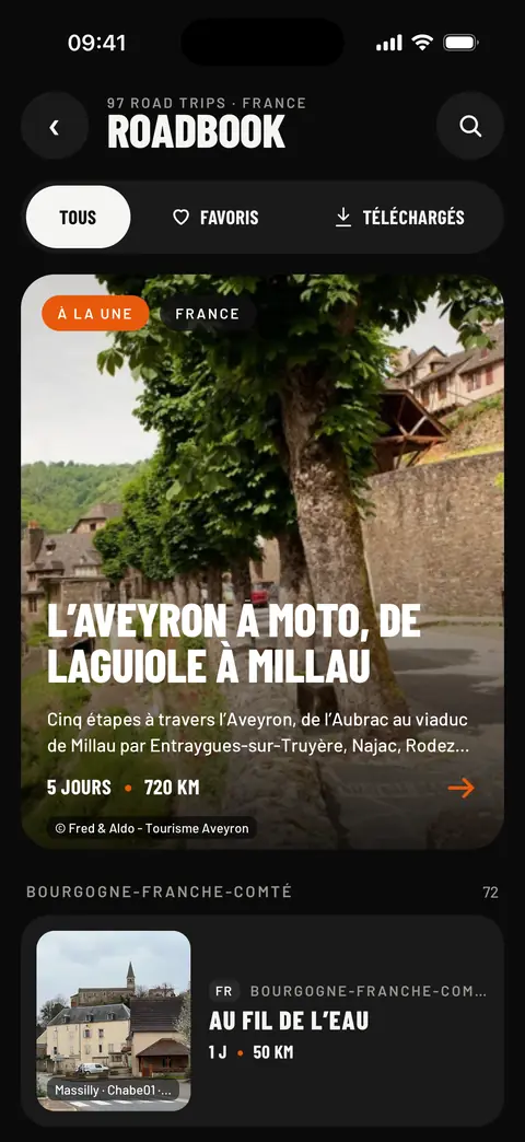 Liste du Roadbook : 97 road trips en France, filtres Tous, Favoris et Téléchargés, le road trip à la une